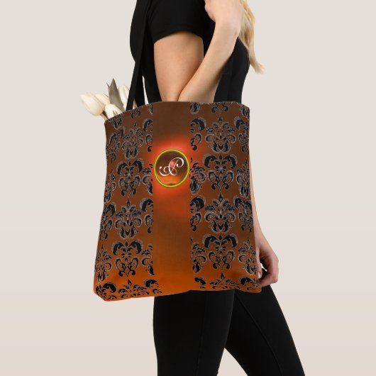BLACK ORANGE DAMASK FLORAL GEMSTONE MONOGRAMM TASCHE (Von Nahem)