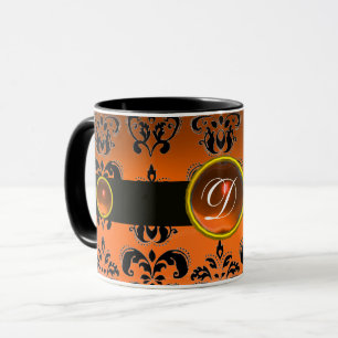 BLACK ORANGE DAMASK GEMSTONE MONOGRAMM TASSE