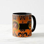 BLACK ORANGE DAMASK GEMSTONE MONOGRAMM TASSE (VorderseiteRechts)