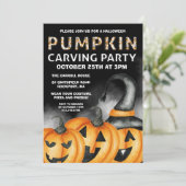 Black Orange Fun Halloween Pumpkin Carving Party Einladung (Stehend Vorderseite)