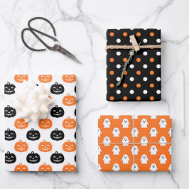 Black Orange Ghost Pumpkin Dots Halloween Geschenkpapier Set