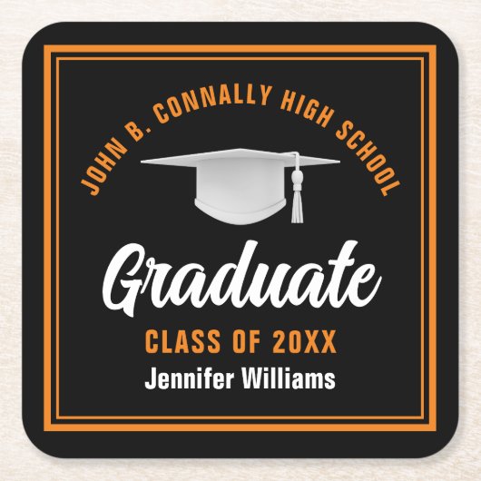 Black Orange Graduate Custom 2025 Graduation Party Rechteckiger Pappuntersetzer (Vorderseite)