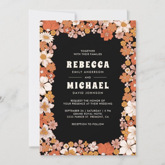Black Orange Groovy Retro Wildblume Wedding Einladung (Vorderseite)