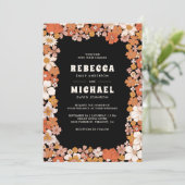 Black Orange Groovy Retro Wildblume Wedding Einladung (Stehend Vorderseite)