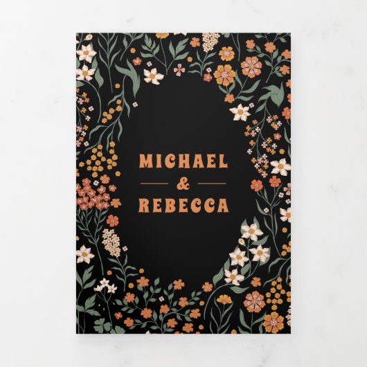 Black Orange Groovy Wildblume All in One Wedding Dreifach Gefaltete Einladung (Cover)