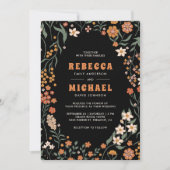 Black Orange Groovy Wildblume All in One Wedding Einladung (Vorderseite)