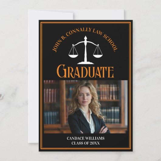 Black Orange Law School Abschluss Foto Ankündigung (Vorderseite)