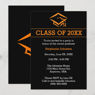 Black Orange Mortarboard Simple Graduation Party Einladung