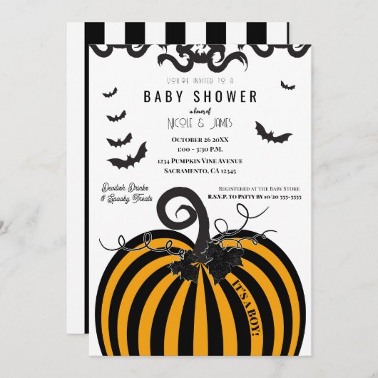 Black & Orange Pumpkin Halloween Kinderdusche Einladung (Vorne/Hinten)