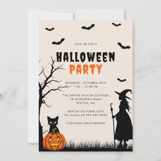 Black Orange Witch Pumpkin Adult Halloween-Party Einladung (Vorderseite)
