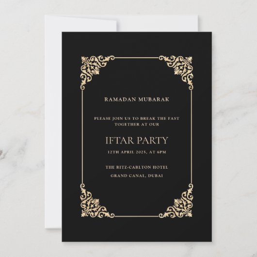 Black Ornate Baroque Gold Script Iftar Party Einladung (Vorderseite)