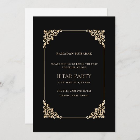 Black Ornate Baroque Gold Script Iftar Party Einladung (Vorne/Hinten)