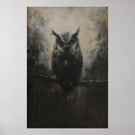 Black Owl with Red Eyes on Branch in Woodland Fore Poster