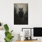 Black Owl with Red Eyes on Branch in Woodland Fore Poster (Heimbüro)