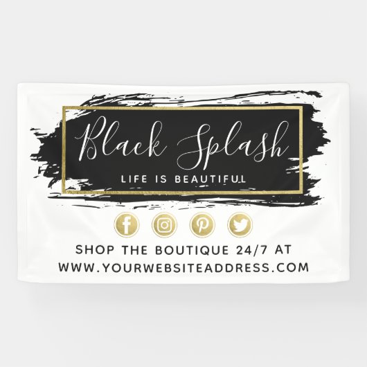 Black Paint Stroke & Modern Gold Geometric Chic Banner (Horizontal)