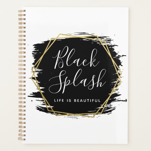 Black Paint Stroke & Modern Gold Geometric Chic Planer (Vorderseite)