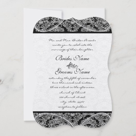 Black Paisley Damask Einladung zur Hochzeit (Vorderseite)