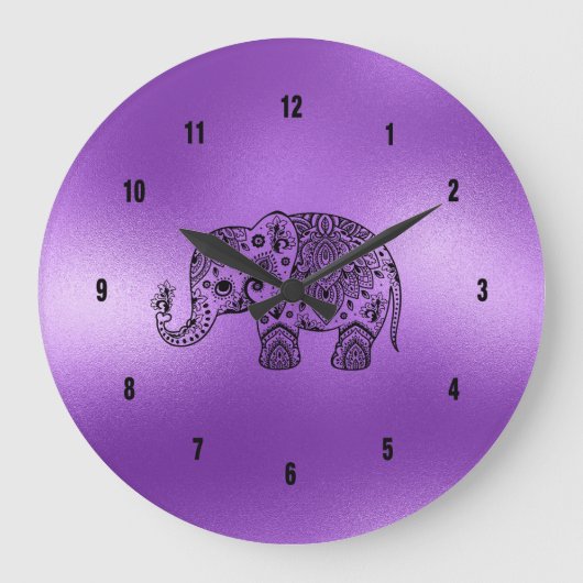 Black Paisley Elephant Shiny Purple Background Große Wanduhr (Vorderseite)