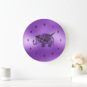 Black Paisley Elephant Shiny Purple Background Große Wanduhr (Zuhause)