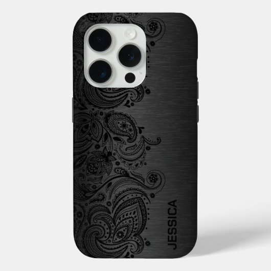 Black paisley lace Gray metallic background Case-Mate iPhone Hülle (Rückseite)