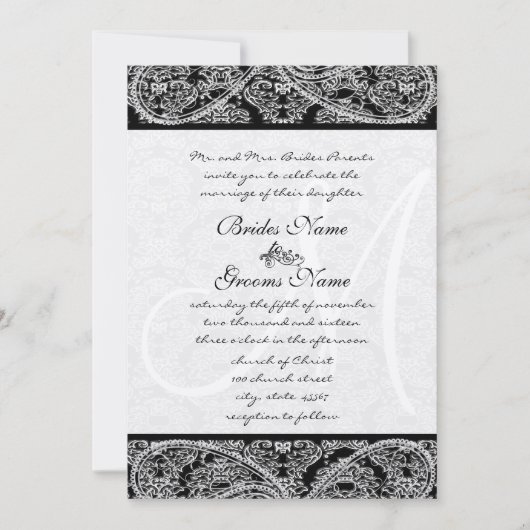 Black Paisley Monogram Damask Einladung zur Hochze (Vorderseite)