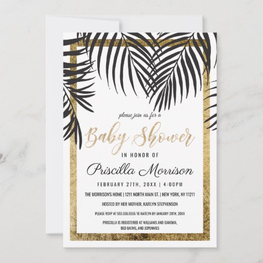 Black Palm Tree Fronds Gold Border Baby Dusche Einladung (Vorderseite)