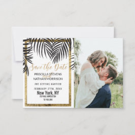 Black Palm Tree Fronds Gold Border Modern Save The Date