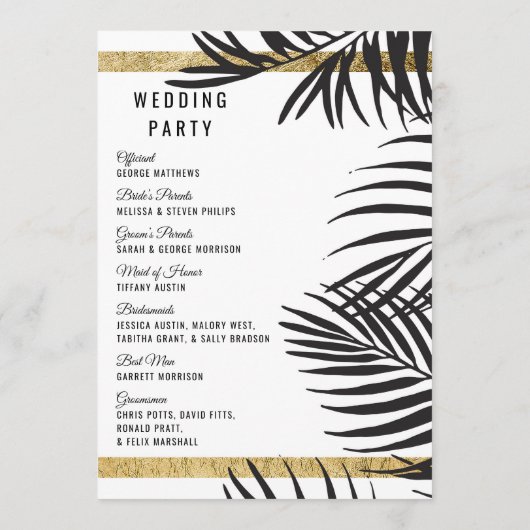 Black Palm Tree Fronds Gold Border Moderne Hochzei Programm (Rückseite)