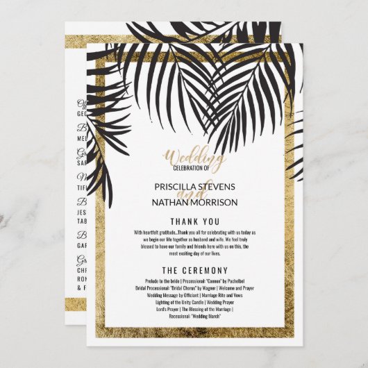Black Palm Tree Fronds Gold Border Moderne Hochzei Programm (Vorne/Hinten)