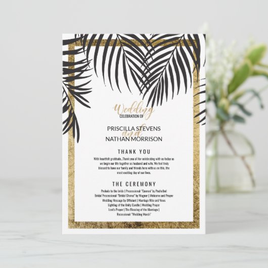 Black Palm Tree Fronds Gold Border Moderne Hochzei Programm (Stehend Vorderseite)