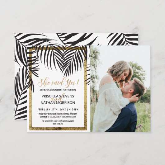 Black Palm Tree Fronds Gold Border Verlobung Ankündigung (Vorne/Hinten)