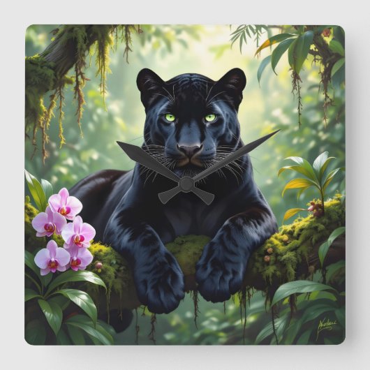 Black Panther in the Jungle Quadratische Wanduhr (Vorderseite)