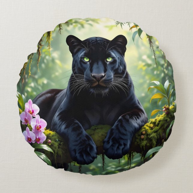 Black Panther in the Jungle Rundes Kissen (Vorderseite)