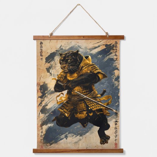 Black Panther Samurai Warrior - Japanischer Tinten Wandteppich Mit Holzrahmen (Vorderseite)