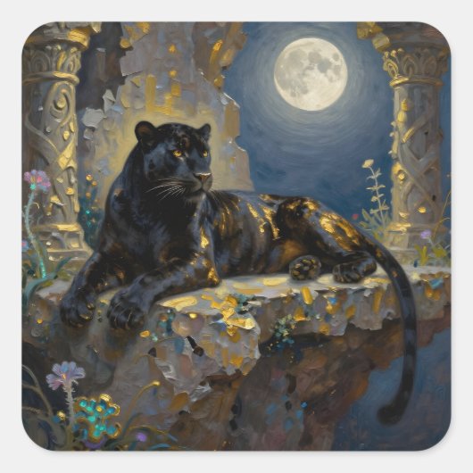 Black Panther under the Full Moon Quadratischer Aufkleber (Vorderseite)