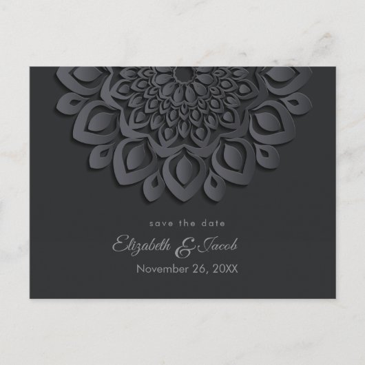Black Paper Cut Mandala Save the Date Postkarte (Vorderseite)