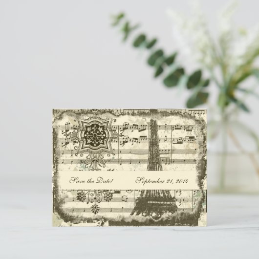 Black Paris Eiffel Tower Music Cream Save the Date Ankündigungspostkarte (Stehend Vorderseite)