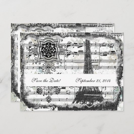 Black Paris Eiffel Tower Music Save the Date Ankündigungspostkarte (Vorne/Hinten)
