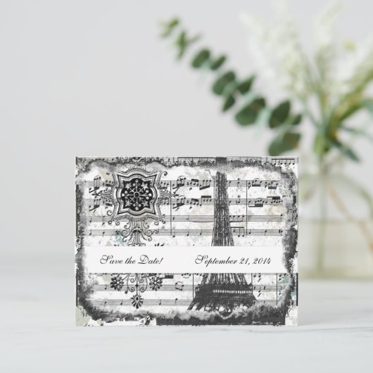 Black Paris Eiffel Tower Music Save the Date Ankündigungspostkarte (Stehend Vorderseite)