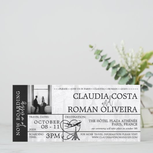 Black Paris Wedding Boarding Pass (Stehend Vorderseite)