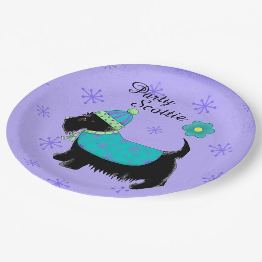 Black Party Scottie Terrier Dog Name Personalisier Pappteller (Schrägansicht)