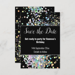 BLACK PASTEL HOLOGRAPHIC PATTERN SAVE THE DATE RSVP KARTE