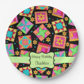 Black Patchwork Quilt Blockname Happy Birthday Pappteller (Vorderseite)
