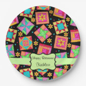 Black Patchwork Quilt Blockname Happy Retirement Pappteller (Vorderseite)
