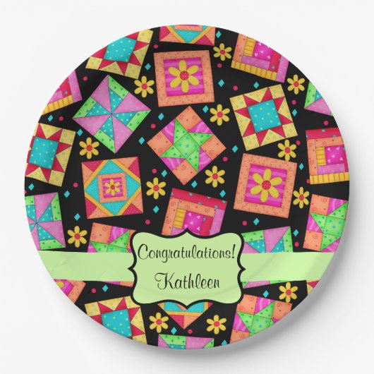 Black Patchwork Quilt Blockname Herzlichen Glückwu Pappteller (Vorderseite)