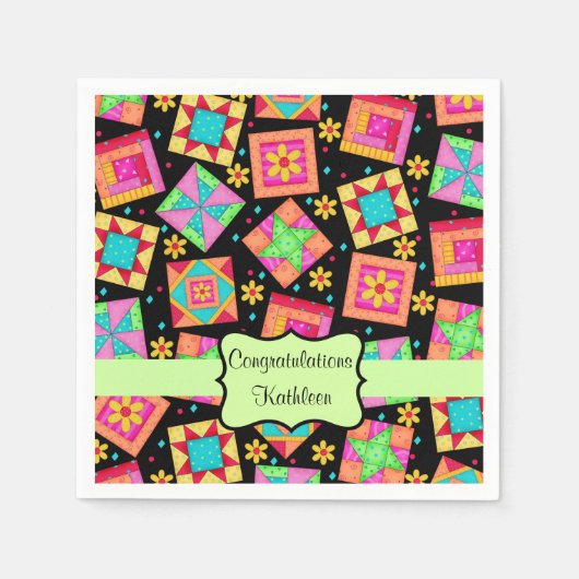 Black Patchwork Quilt Blockname Herzlichen Glückwu Serviette (Vorderseite)