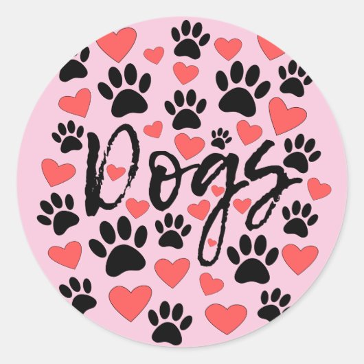 Black Paw Prints Red Hearts Typografie Pink Runder Aufkleber (Vorderseite)