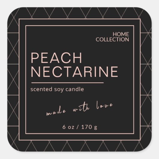 Black & Peach Elegante Boho Candle Label Quadratischer Aufkleber (Vorderseite)