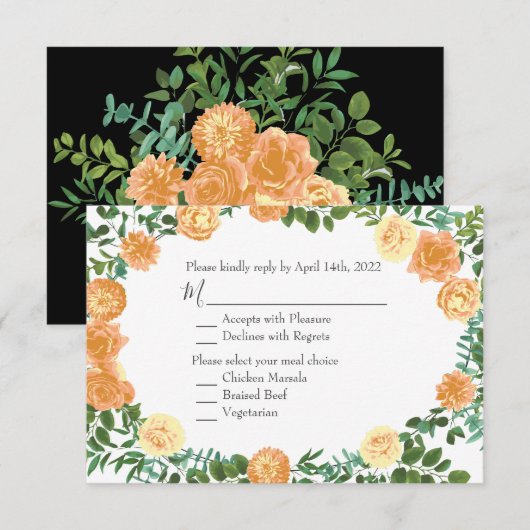 Black & Peach Wedding Modernes Floral Einladung (Vorne/Hinten)