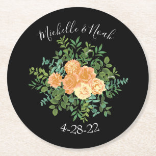 Black & Peach Wedding Modernes Floral Runder Pappuntersetzer